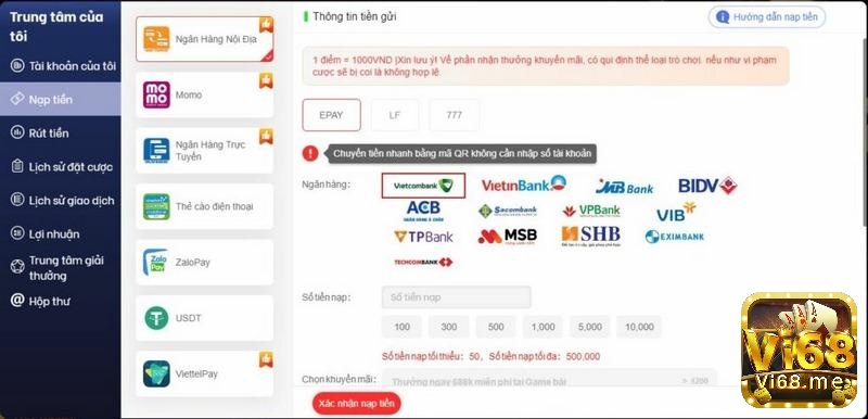 Giao diện nạp tiền tại nhà cái Vi68
