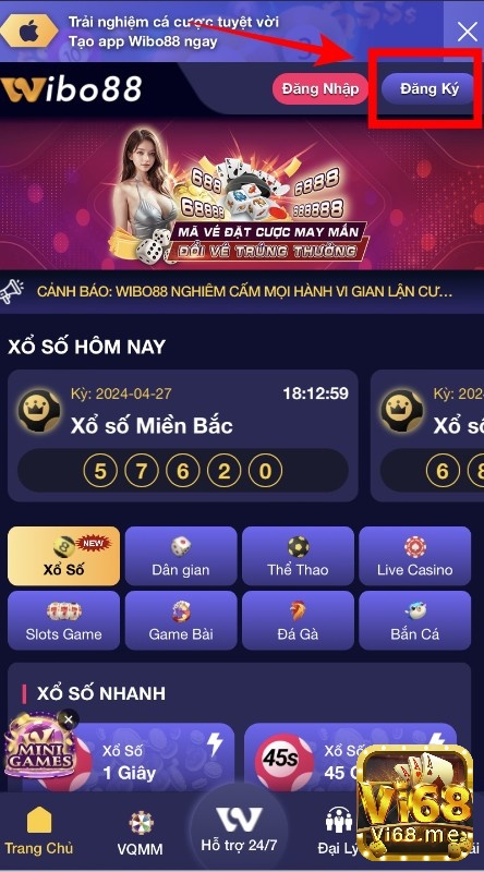 Chọn mục đăng ký ngay trên giao diện của web cược Wibo88