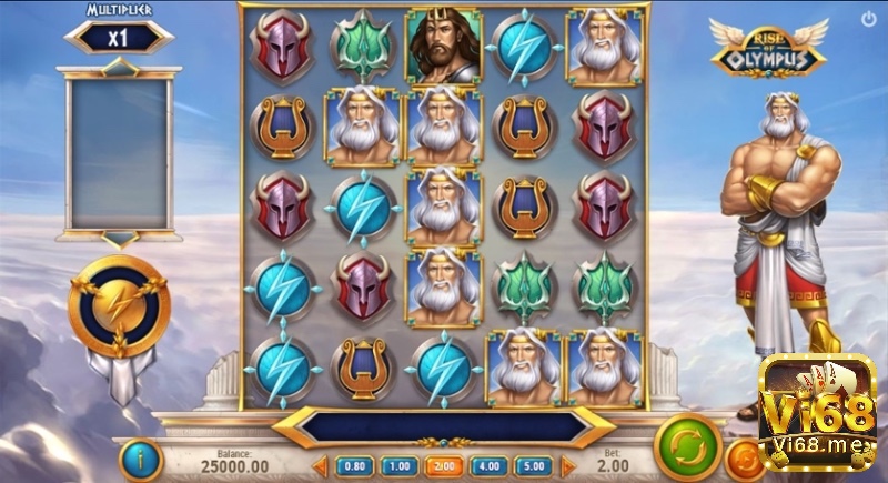 Giao diện chính của game Slot Rise of Olympus với các biểu tượng đặc trưng